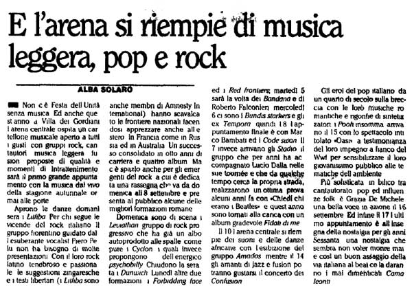 01.09.1989 - L'Unità - Pag.21 - E l'arena si riempi di musica leggera, pop e rock, di Alba Solaro 01.09.1989 - L'Unità - Pag.21 - E l'arena si riempi di musica leggera, pop e rock, di Alba Solaro