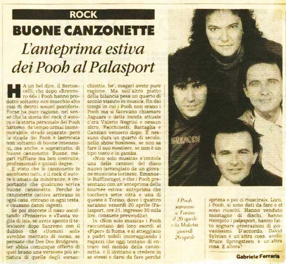 Aprile 1990 - Testata sconosciuta - Buone canzonette - L'anteprima estiva dei Pooh al Palasport, di Gabriele Ferraris