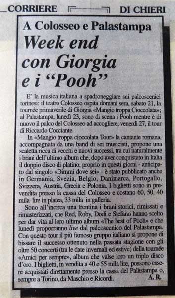 20.03.1998 - Corriere di Chieri - Week end con Giorgia e i 'Pooh' - Di A. R.