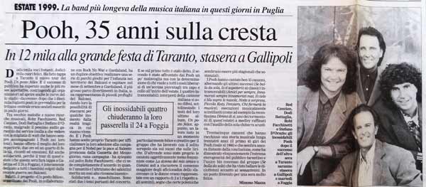 22.08.1999 - La Gazzetta del Mezzogiorno - Pag.21 - Pooh, 35 anni sulla cresta, di Mimmo Mazza 22.08.1999 - La Gazzetta del Mezzogiorno - Pag.21 - Pooh, 35 anni sulla cresta, di Mimmo Mazza