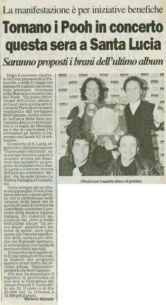 31.08.1999 - Il Gazzettino di Treviso - Tornano i Pooh in concerto questa sera a Santa Lucia, di Michele Miriade 31.08.1999 - Il Gazzettino di Treviso - Tornano i Pooh in concerto questa sera a Santa Lucia, di Michele Miriade