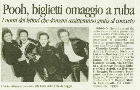 03.09.1999 - Gazzetta di Reggio - N°240 - Pooh, biglietti omaggio a ruba 03.09.1999 - Gazzetta di Reggio - N°240 - Pooh, biglietti omaggio a ruba