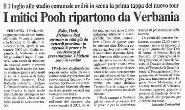 24.06.2002 - Prealpina - I mitici Pooh ripartono da Verbania, di Antonio Costantini 24.06.2002 - Prealpina - I mitici Pooh ripartono da Verbania, di Antonio Costantini
