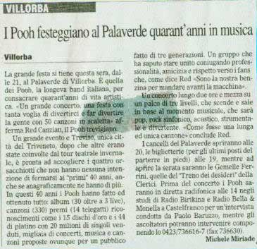 31.03.2006 - Il Gazzettino - Treviso - I Pooh festeggiano al Palaverde quarant'anni di musica, di Michele Miriade 31.03.2006 - Il Gazzettino - Treviso - I Pooh festeggiano al Palaverde quarant'anni di musica, di Michele Miriade