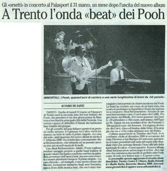 18.12.2007 - L'Adige - N.347 - A Trento l'ora «beat» dei Pooh, di Fabio De Santi 18.12.2007 - L'Adige - N.347 - A Trento l'ora «beat» dei Pooh, di Fabio De Santi