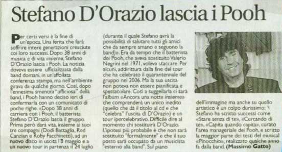 16.04.2009 - Avvenire - N°90 - Stefano D'Orazio lascia i Pooh, di Massimo Gatto 16.04.2009 - Avvenire - N°90 - Stefano D'Orazio lascia i Pooh, di Massimo Gatto