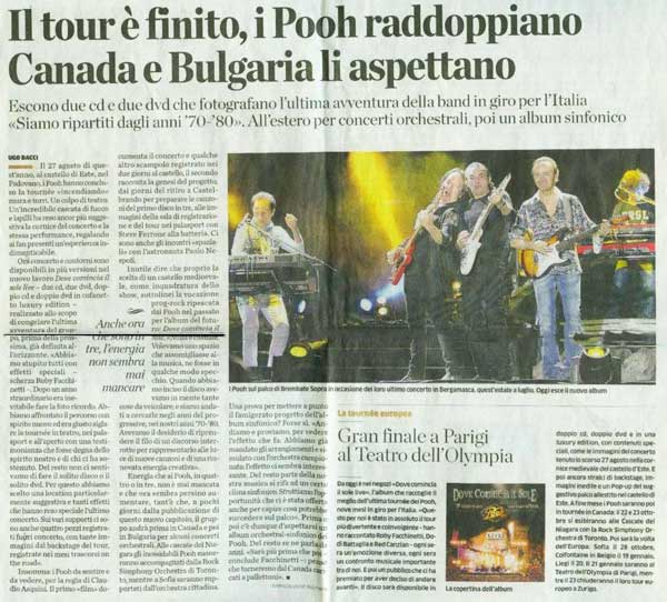11.10.011 - L'Eco di Bergamo - Il tour è finito, i Pooh raddoppiano - Canada e Bulgaria aspettano, di Ugo Bacci 11.10.011 - L'Eco di Bergamo - Il tour è finito, i Pooh raddoppiano - Canada e Bulgaria aspettano, di Ugo Bacci