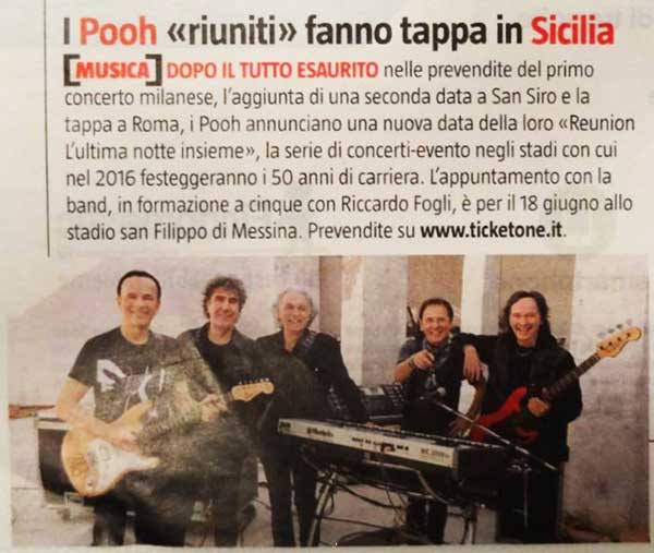 Gennaio 2016 - TV Sorrisi e Canzoni - I Pooh «riuniti» fanno tappa in Sicilia Gennaio 2016 - TV Sorrisi e Canzoni - I Pooh «riuniti» fanno tappa in Sicilia