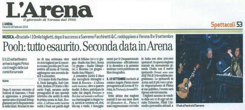 19.02.2016 - L'Arena - <i>Pooh: tutto esaurito. Seconda data in Arena 19.02.2016 - L'Arena - <i>Pooh: tutto esaurito. Seconda data in Arena