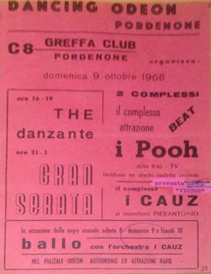 Volantino del concerto dei Pooh tenuto il 09.10.1966 a Pordenone Volantino del concerto dei Pooh tenuto il 09.10.1966 a Pordenone