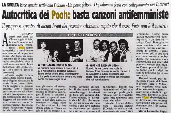 12.04.1999 - Corriere della Sera - Autocritica dei Pooh: basta canzoni antifemministe, di Mario Luzzatto Fegiz