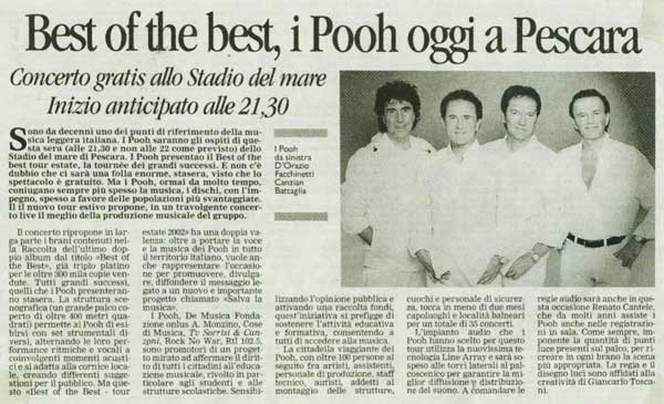 04.08.2002 - Testata sconosciuta - Best of the best, i Pooh oggi a Pescara 04.08.2002 - Testata sconosciuta - Best of the best, i Pooh oggi a Pescara