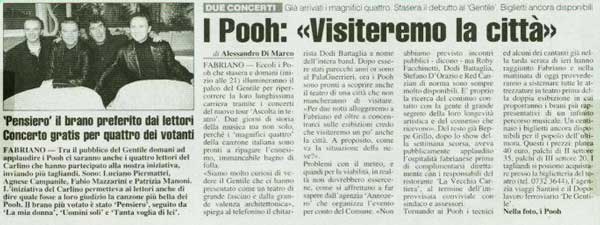 24.02.2005 - Il Resto del Carlino - Edizione Ancona - N°54 - I Pooh: «Visiteremo la città», di Alessandro Di Marco 24.02.2005 - Il Resto del Carlino - Edizione Ancona - N°54 - I Pooh: «Visiteremo la città», di Alessandro Di Marco