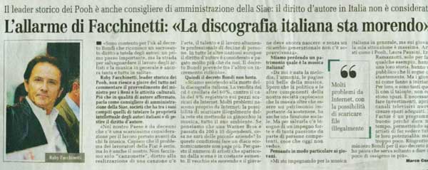 09.02.2010 - L'Eco di Bergamo - L'allarme di Facchinetti: «La discografia italiana sta morendo», di Marco Conti