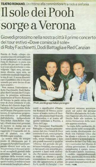 18.06.011 - L'Arena - N°166 - Il sole dei Pooh sorge a Verona, di G. Br. 18.06.011 - L'Arena - N°166 - Il sole dei Pooh sorge a Verona, di G. Br.