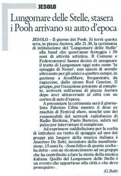 31.08.2016 - Il Gazzettino - Lungomare delle Stelle, stasera i Pooh arrivano su auto d'epoca, di G. Bab 31.08.2016 - Il Gazzettino - Lungomare delle Stelle, stasera i Pooh arrivano su auto d'epoca, di G. Bab